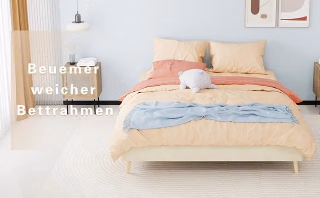 Letto a piattaforma imbottito in velluto olandese, base bassa senza testiera, beige, 160x200 cm, senza materasso
