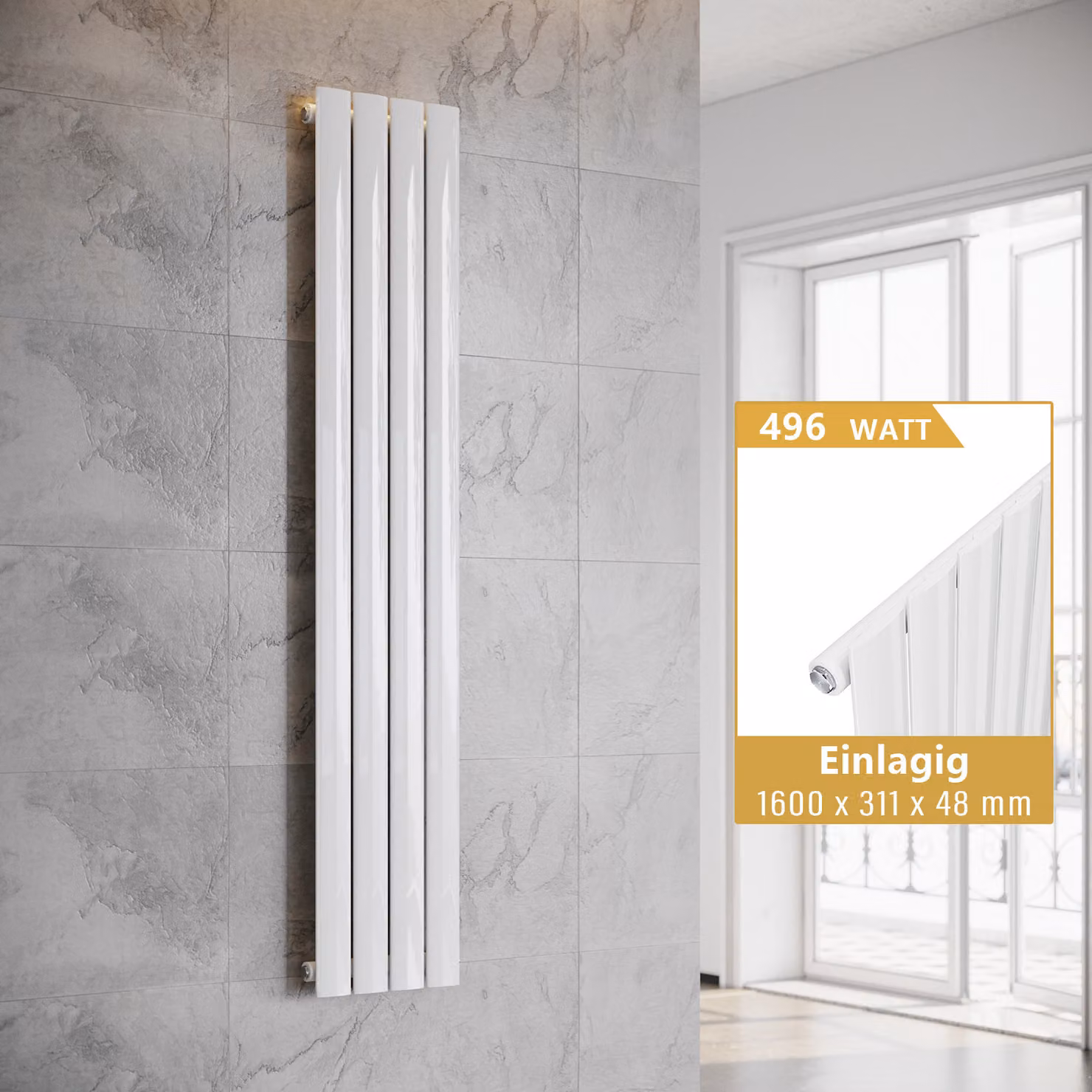 SONNI Radiatore verticale di design a pannello, monostrato, bianco, 1600×311 mm, senza resistenza