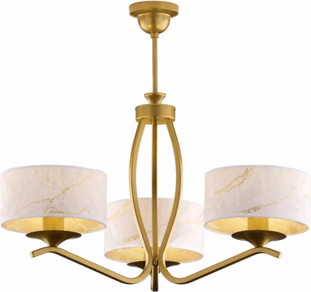Lampada a sospensione Jupiter con 3 paralumi bianchi e finitura oro/ottone, dimmerabile, E27