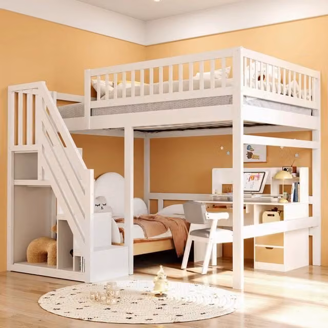 Letto a castello in legno bianco con scala a scomparti e parapetto alto 140x200 cm