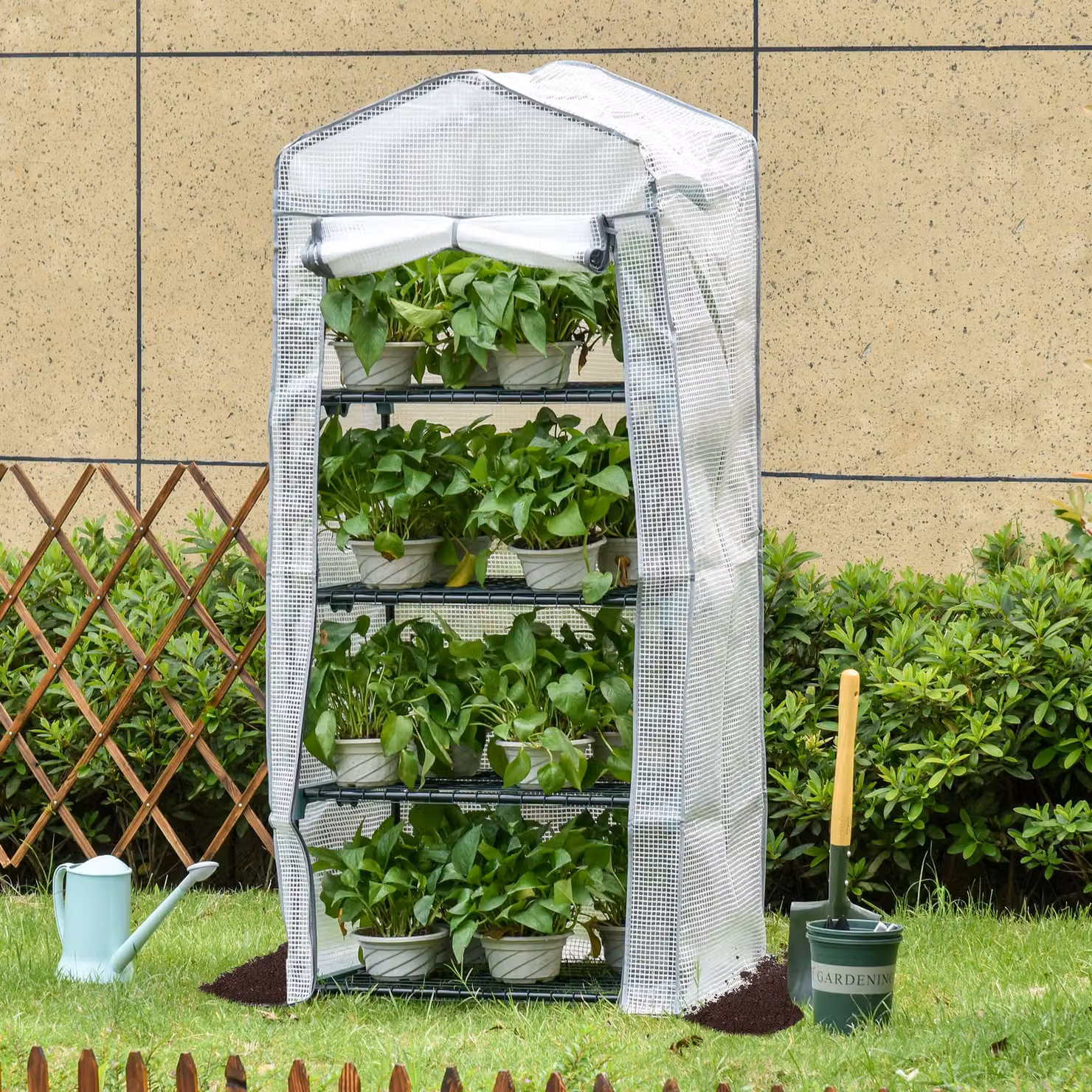 Serra in teli Outsunny con 4 ripiani per la semina e la cura delle piante, Bianco, L 70 cm x P 50 cm x H 160 cm – 2
