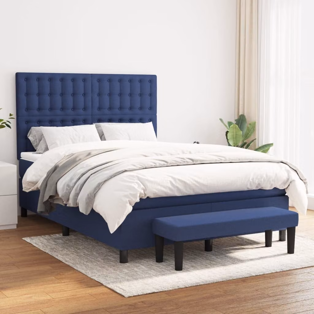 vidaXL Giroletto a Molle Ibrido con Materasso in Tessuto Blu e Bianco L/P/H: 144 x 203 x 128 cm – 1