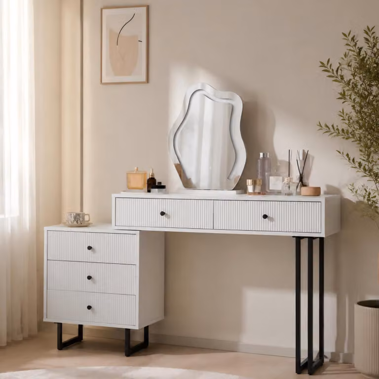 Comò da trucco, set con specchio e illuminazione LED a 3 colori, piano estendibile, colore bianco, dimensioni 100x40x76 cm, senza sgabello