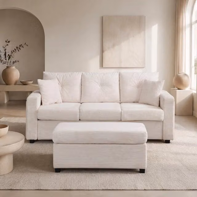 Divano angolare modulare in tessuto cord beige con LED; pouf 98x51 cm e cuscini