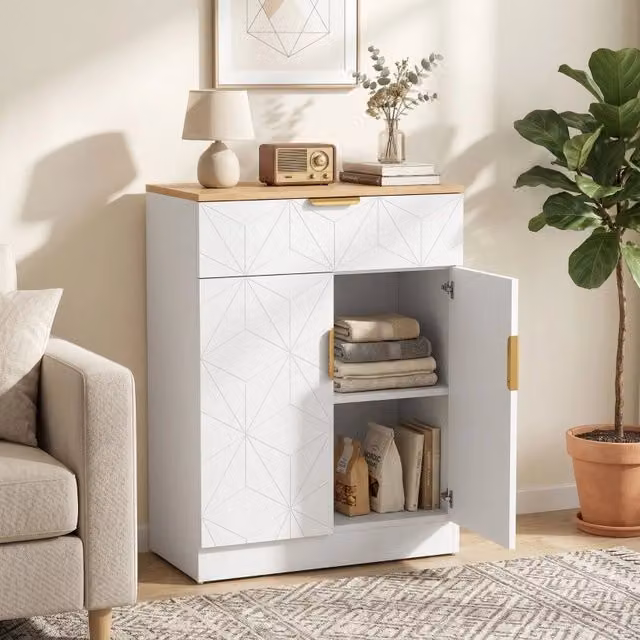 Sideboard moderno WISHDOR bianco con cassetto soft close e design geometrico L: 60 cm, P: 32 cm, H: 82 cm