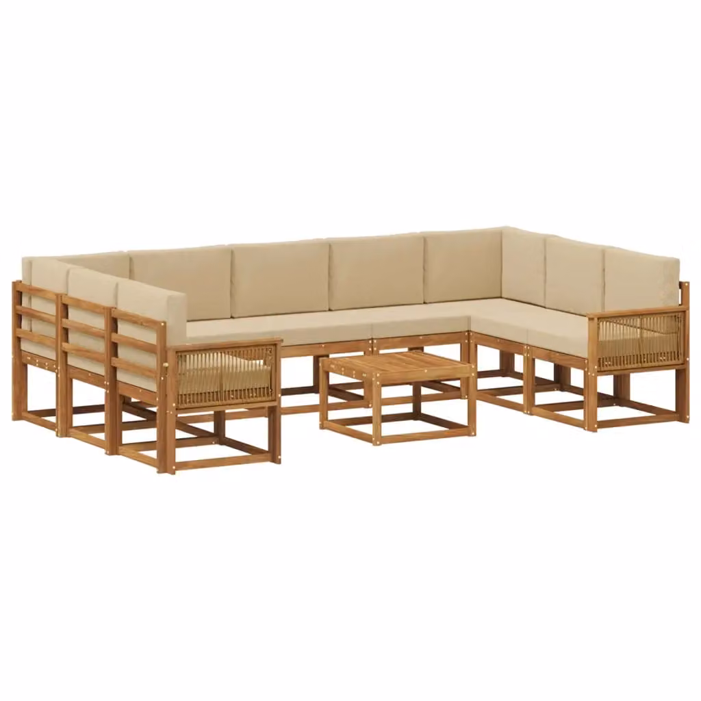 Set di divani da esterno a L con tavolino vidaXL in legno di acacia, colore beige e marrone, composto da 10 pezzi con cuscini inclusi – 2