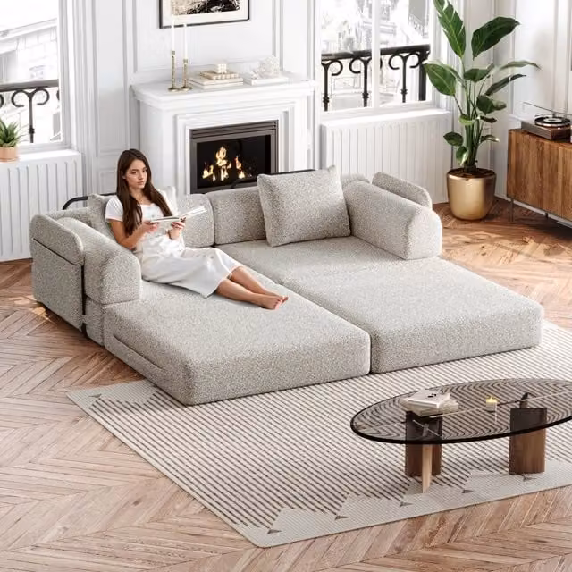 Divano letto modulare 2 in 1 con vano portaoggetti nel bracciolo e struttura in acciaio in ciniglia kaki