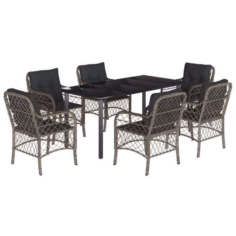 Set da Pranzo da Giardino 7 pz con Cuscini in Polyrattan Grigio