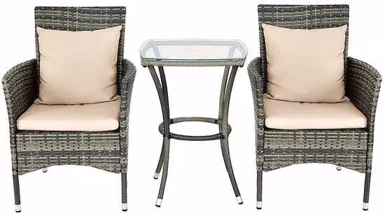 Set di mobili da giardino 3 pezzi - Rattan resistente alle intemperie - Con cuscini e piano in vetro