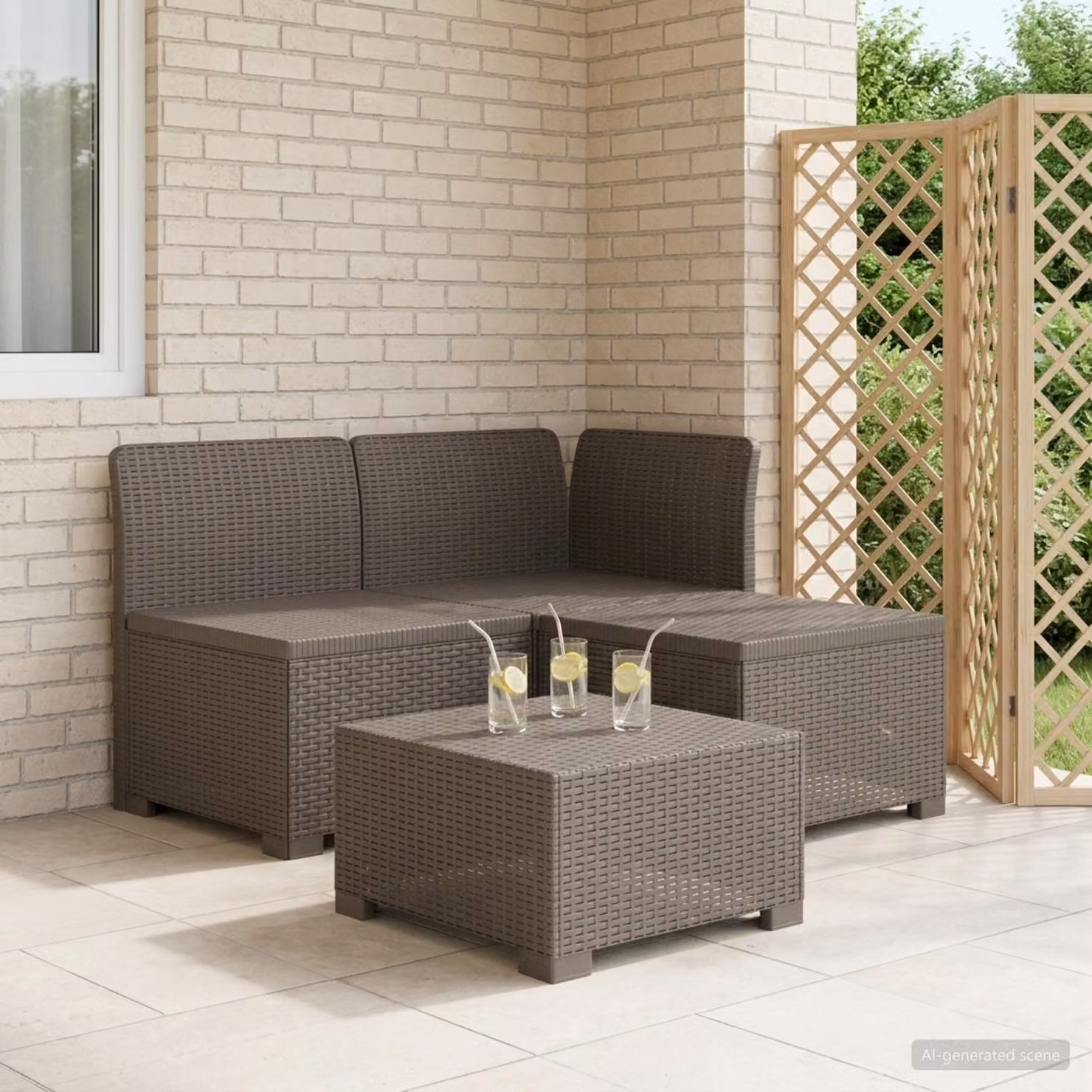 Divano da giardino a L vidaXL con cuscini in aspetto rattan, resistente alle intemperie, colore grigio e marrone