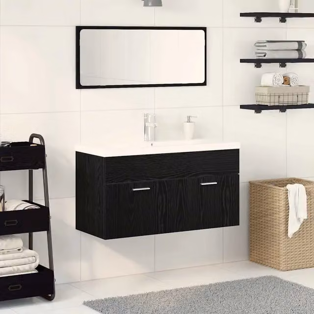 Set di mobili da bagno minimalista vidaXL in nero composto da 3 pezzi con base lavabo e pensile sospeso