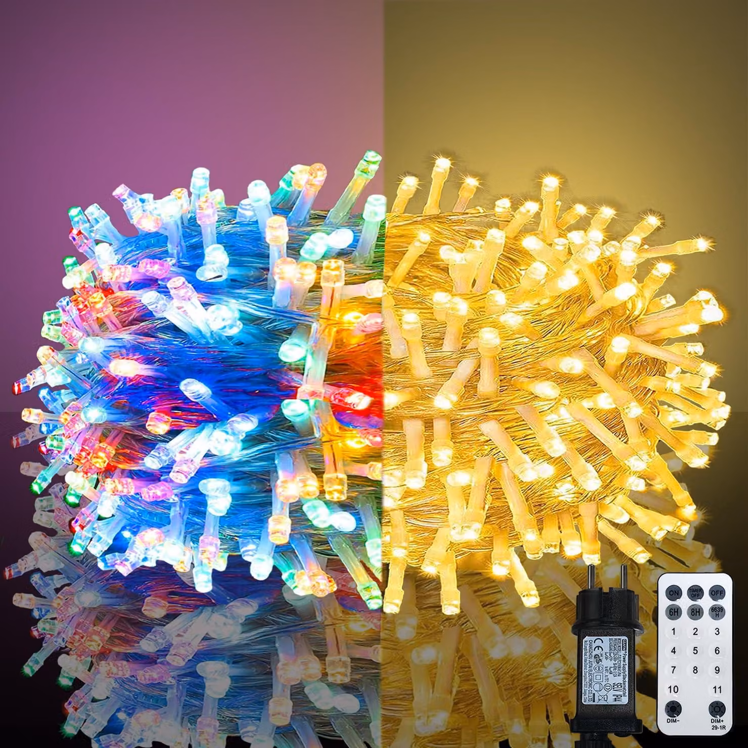 Catena luminosa a LED, 30 metri, 300 LED, 4 cambi di colore, 11 modalità, con telecomando