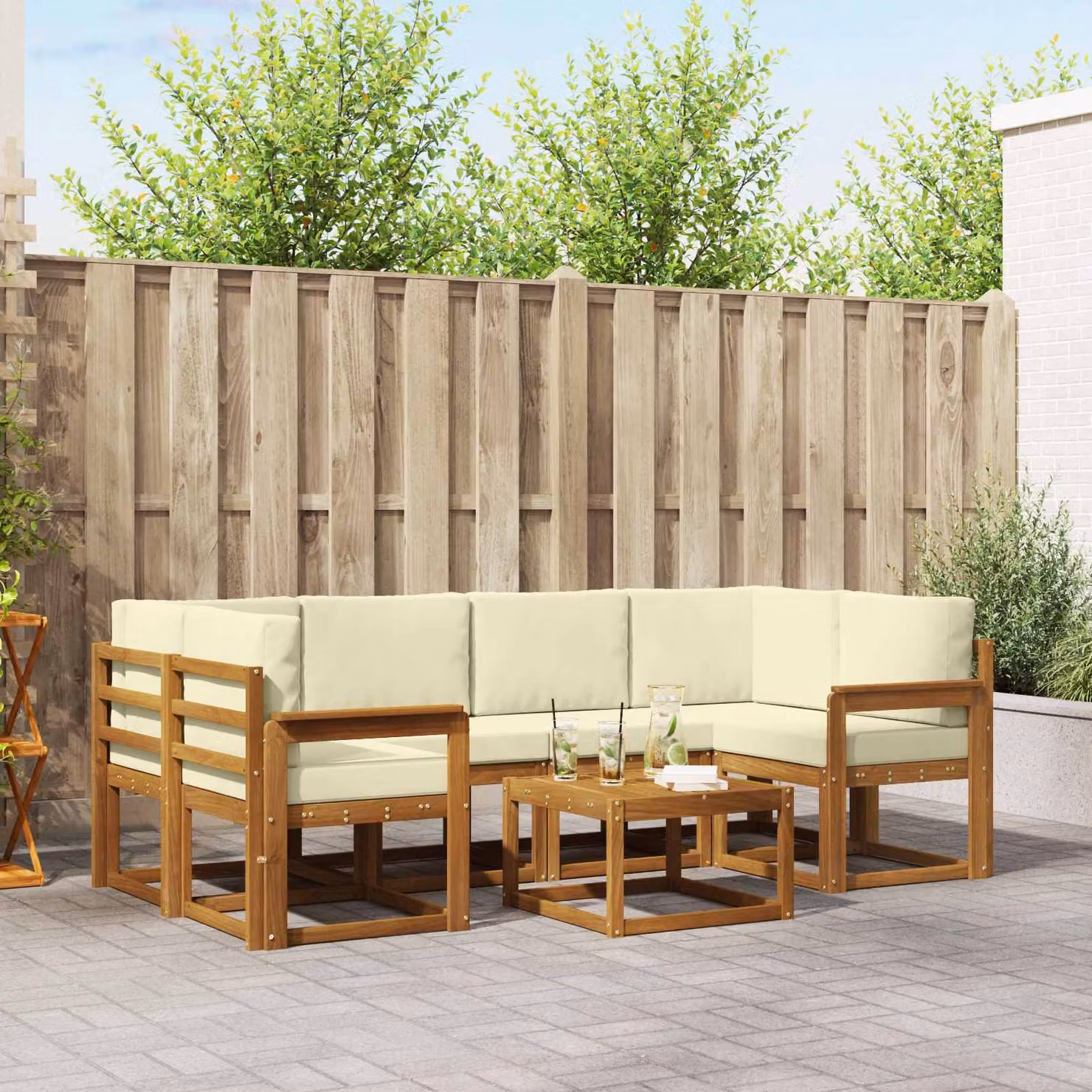 Set di divani da esterno vidaXL 7 pz in legno di acacia con cuscini, colore beige e marrone