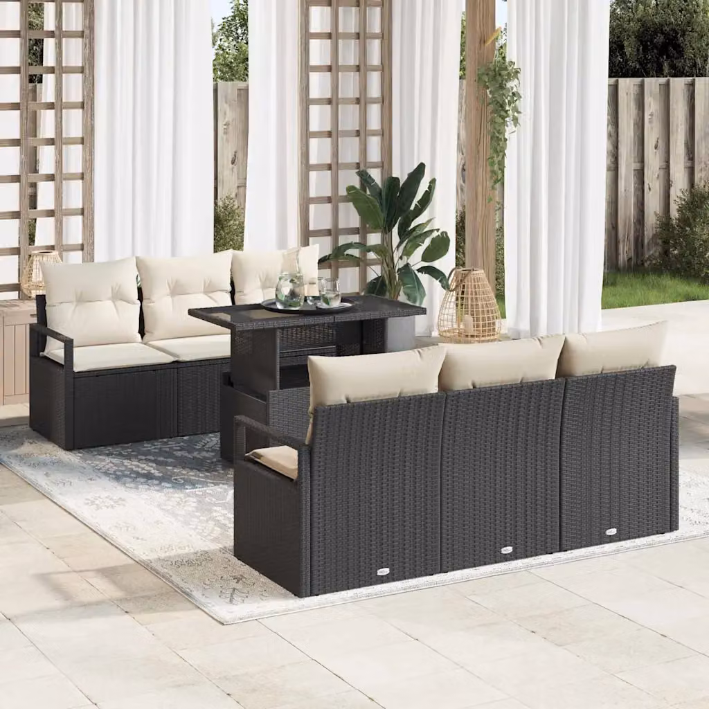 Set Divano da Giardino vidaXL 7 Pezzi a Forma di L con Tavolino e Cuscini Nero e Beige – 1