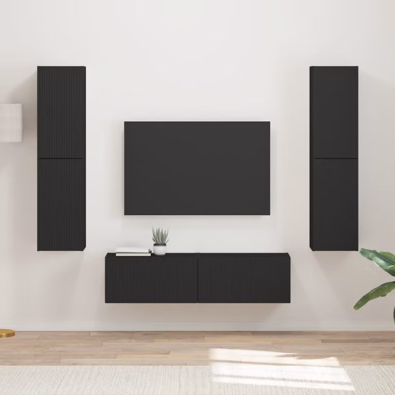 Set mobile TV moderno vidaXL in legno composito nero opaco con illuminazione integrata, 6 pezzi