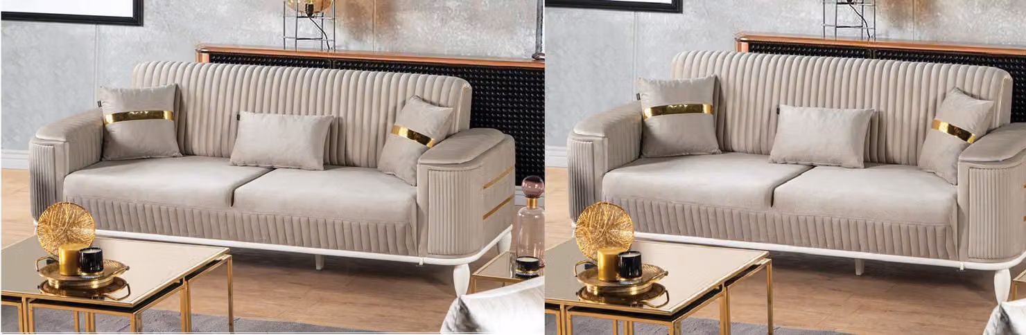 Stilvolle Beige Polstergarnitur Designer Dreisitzer Stoffsofas Couch