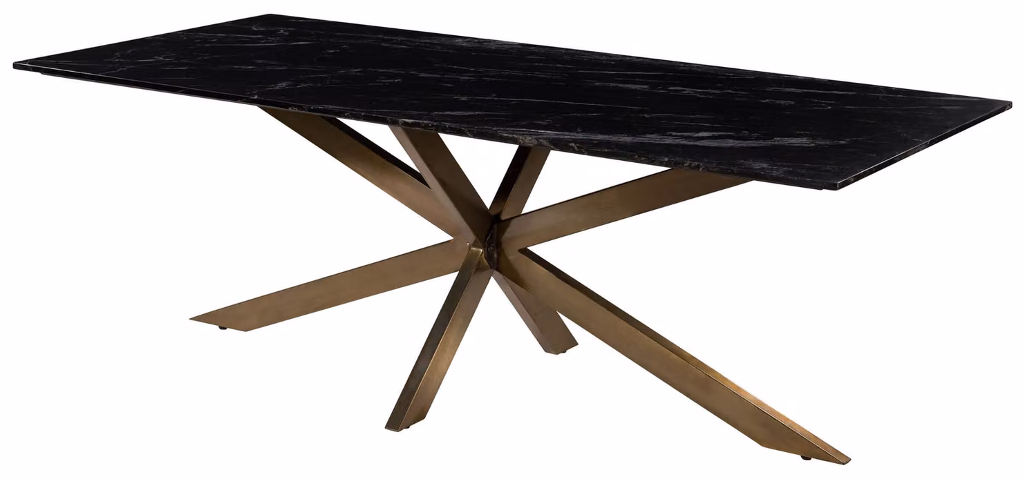 MASSIVMOEBEL24 | Tavolo da pranzo in marmo nero - gambe incrociate in ferro colore ottone antico 220x100 BARCELONA #403