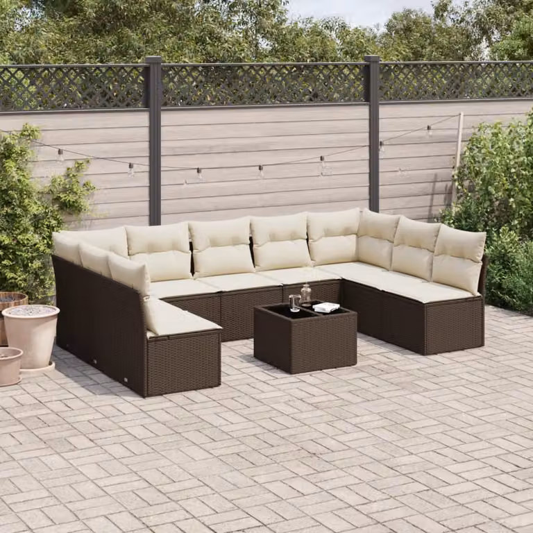 vidaXL Set Divani da Giardino 10 Pezzi con Cuscini e Tavolino da Caffè in Polyrattan Marrone e Bianco con Struttura in Acciaio Verniciato a Polvere