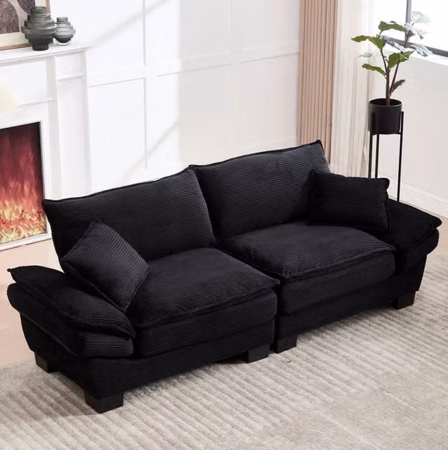Divano a 2 posti REDOM in velluto nero con cuscini, L: 224 cm, P: 81 cm, H: 81 cm