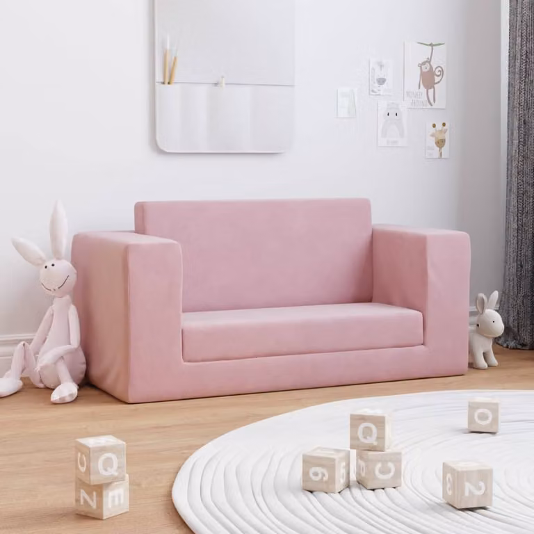 vidaXL Divano Letto per Bambini a 2 Posti Rosa in Morbido Peluche L: 140 cm, P: 76 cm, H: 60 cm