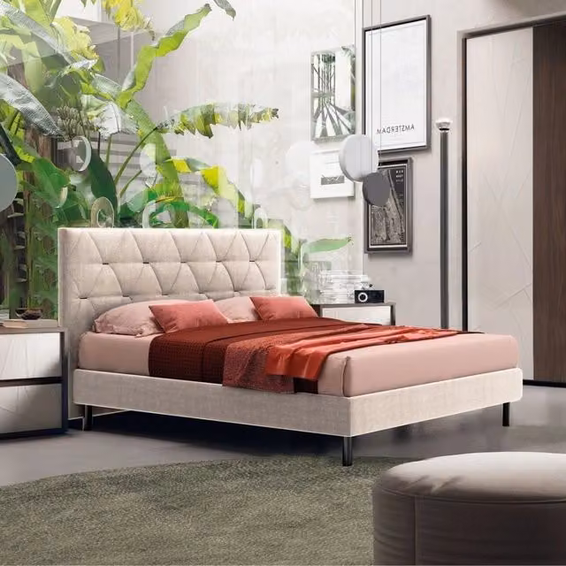 Letto matrimoniale contenitore IPERBRIKO imbottito in tessuto beige e argento L/P/H: 160 x 200 x 117 cm