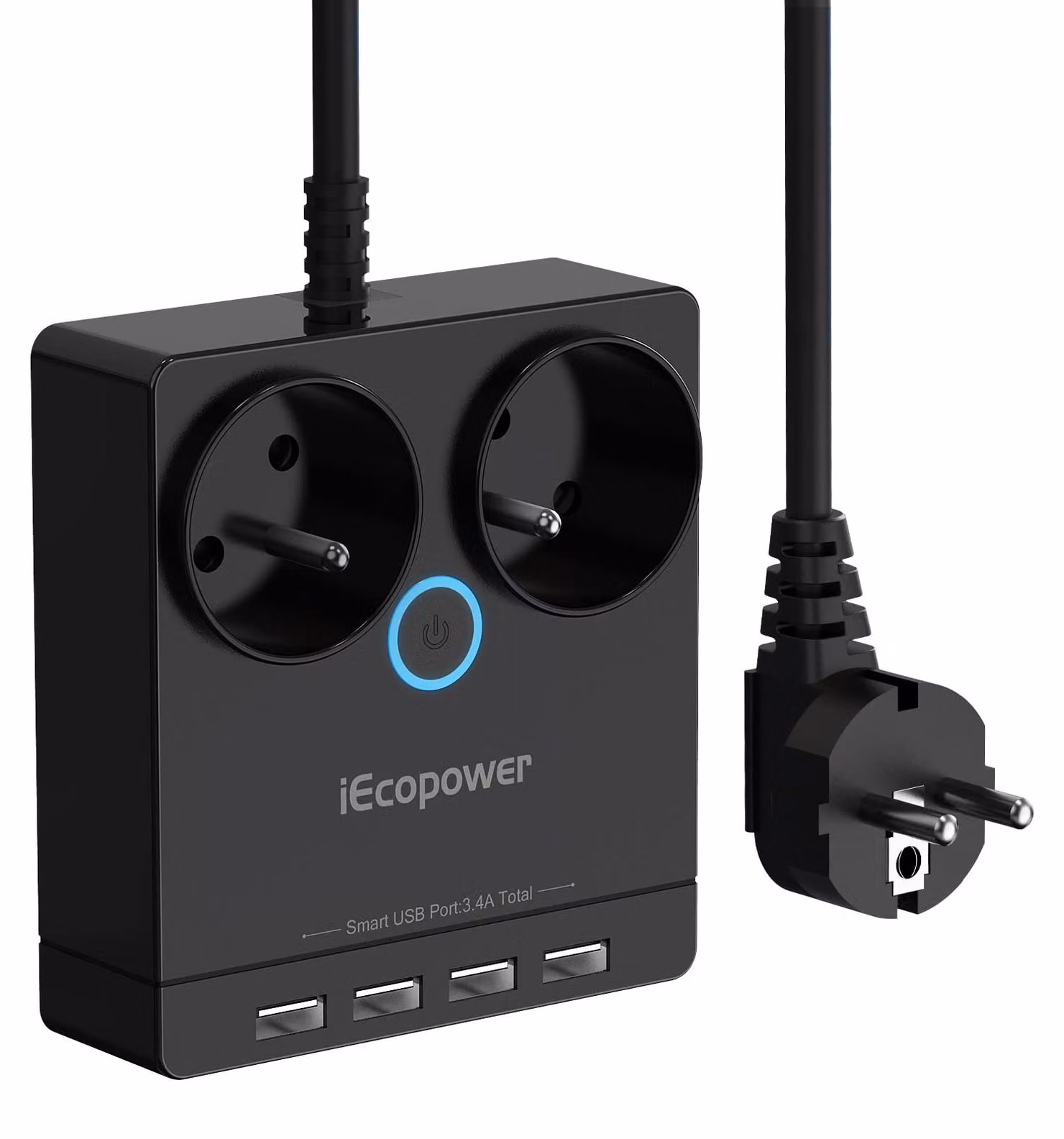 Multipresa iEcopower, 2 prese, 4 porte USB, 1,5 m, nero