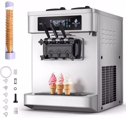 Macchina per Gelato Soft Commerciale VEVOR in Acciaio Inox Argento, Potenza 2200 W con 2 Tramogge da 6 Litri, Produzione fino a 20-28 L/h