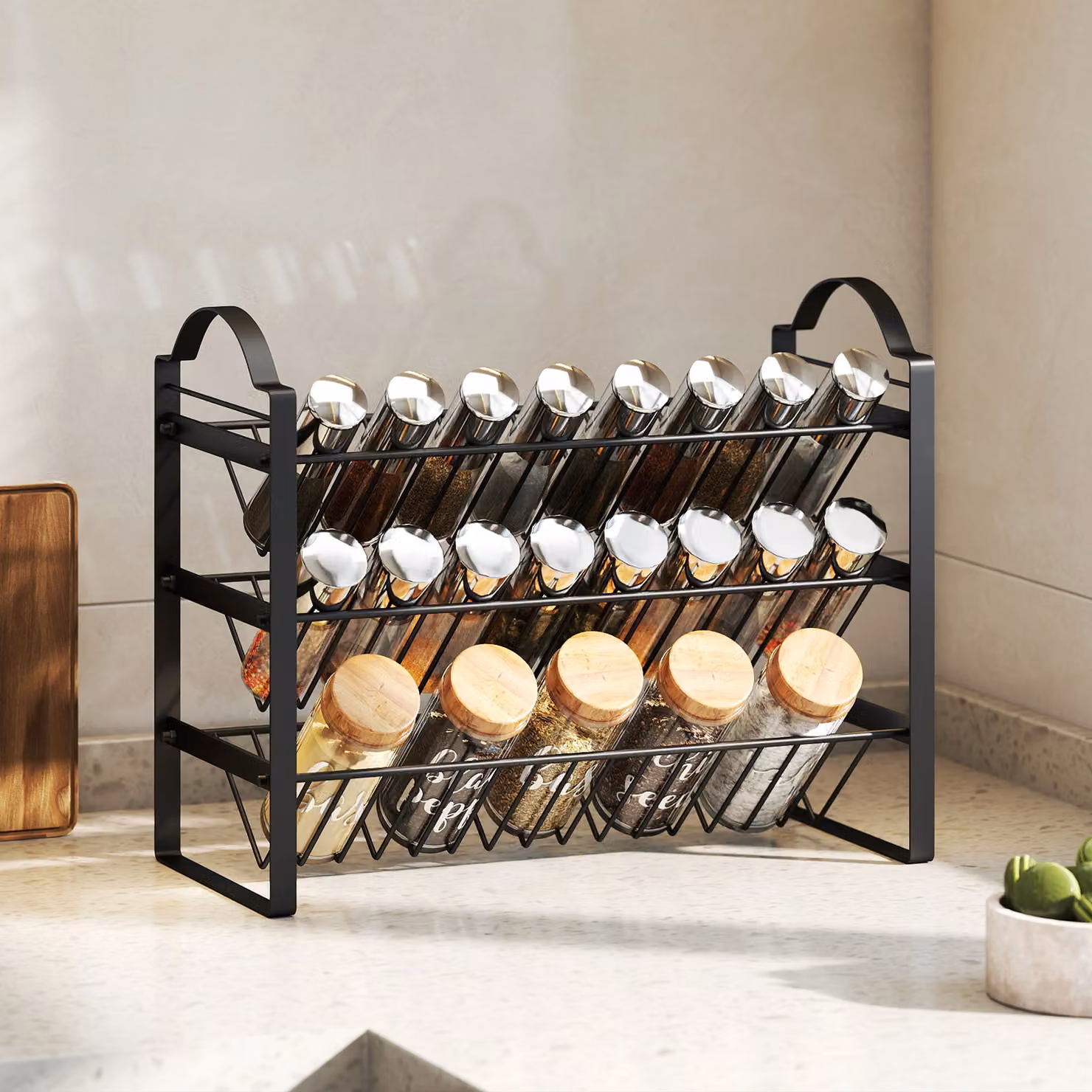 Organizer per spezie HOMCOM a 3 livelli in metallo nero con ripiani inclinati – 2