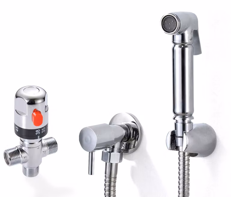 Set doccia-bidet, con termostato, cromato, in ottone, 2 pezzi