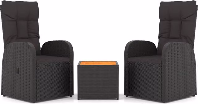 Set di mobili da giardino Outsunny composto da 3 pezzi in polyrattan nero e legno di acacia con design moderno