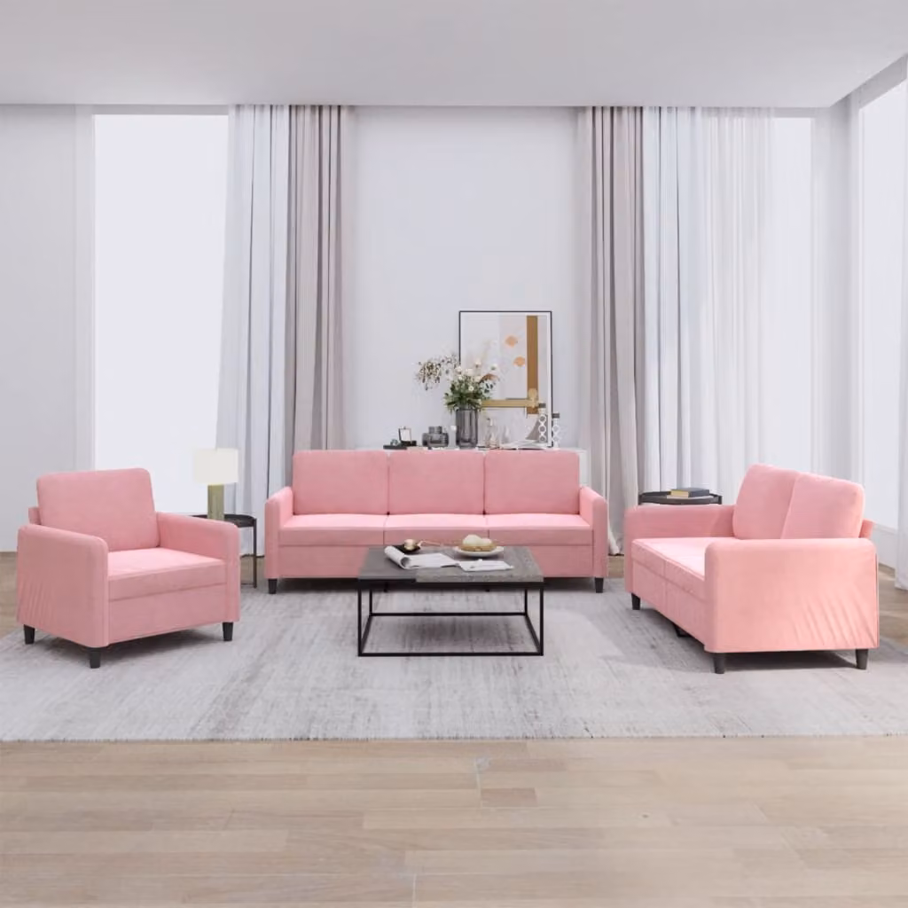 Set di divani 3 pezzi vidaXL in velluto rosa con design moderno per il tuo soggiorno – 1