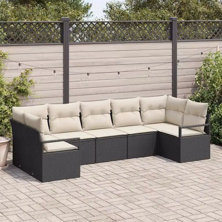 Set di divani da giardino vidaXL in rattan nero con cuscini e tavolino da 7 pezzi