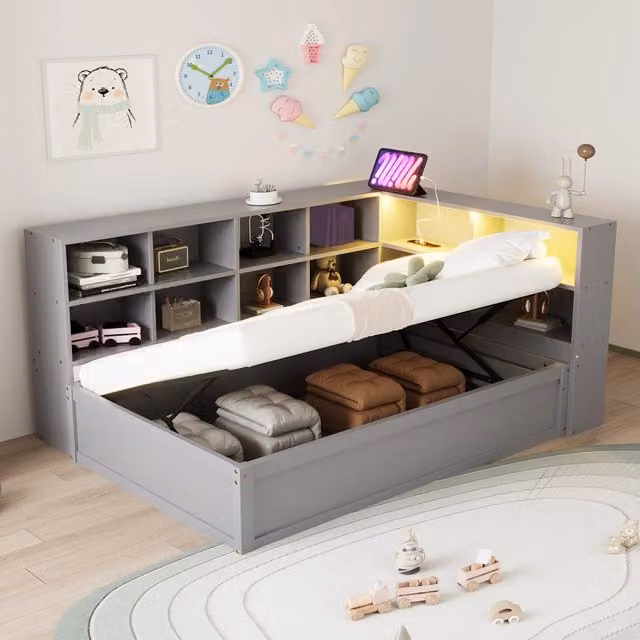 Letto divano singolo 90×200 cm con vani contenitore, presa multifunzione e LED controllabile, senza materasso, grigio