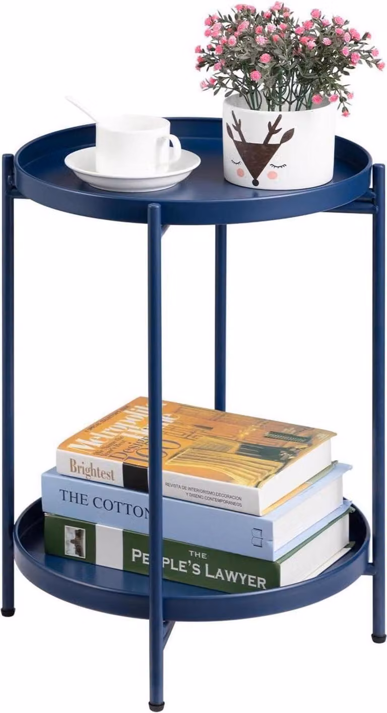 Tavolino rotondo in metallo, 2 livelli blu scuro per soggiorno, camera da letto, terrazza