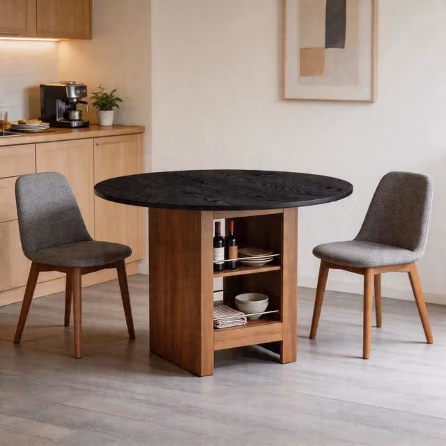 Tavolo da pranzo rotondo in MDF effetto noce nero, diametro 100 cm, con vani portaoggetti