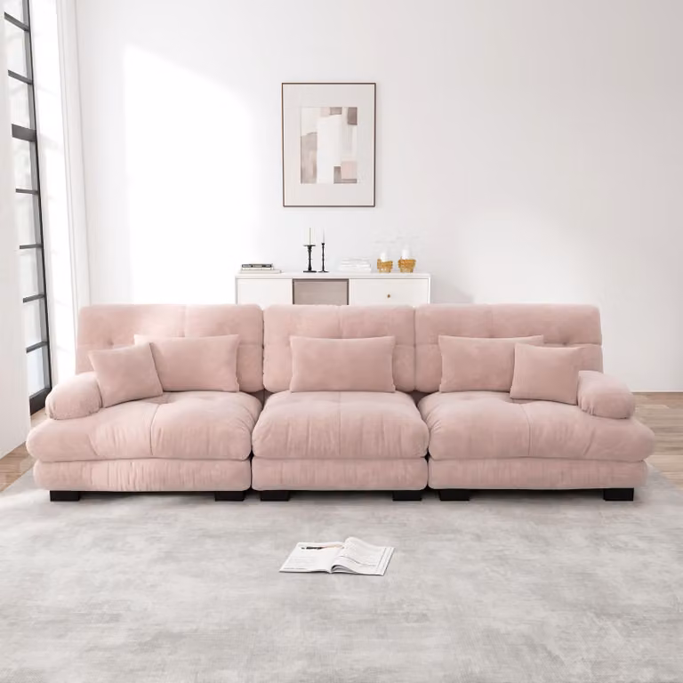 Divano angolare modulare Sweiko a 3 posti con seduta profonda, divano letto in ciniglia Comodo imbottito per soggiorno, appartamento, studio, ufficio, ciniglia rosa