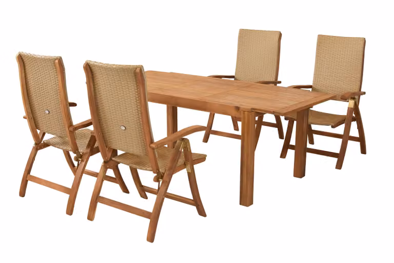 Set di mobili da giardino Merxx Capri 5 pezzi, 4 poltrone pieghevoli, tavolo allungabile 150 (200) x 90 cm - Acacia/intreccio sintetico