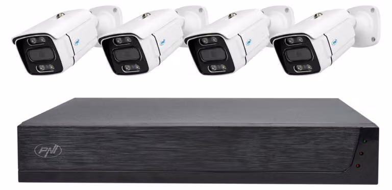 Kit di videosorveglianza PNI House IPMAX POE 3LR, composto da un NVR (Network Video Recorder) con 4 porte POE e 10 dispositivi connessi in rete