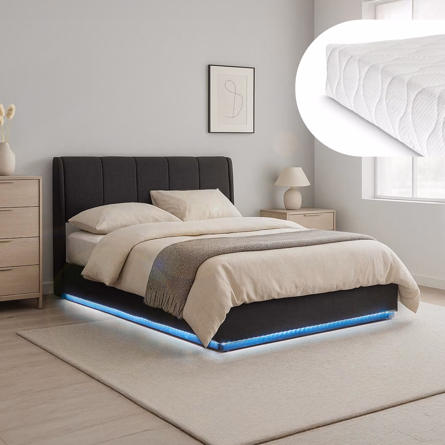 Letto imbottito LED 'Tröstiar' con rete e materasso Lino 140 x 200 cm Nero