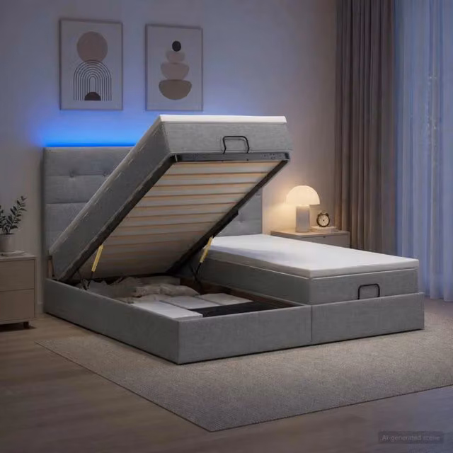 Letto Ottomano vidaXL con Materasso Ibrido, Illuminazione LED Sotto il Letto e Porta USB, Grigio e Bianco, L/P: 200 x 200 cm