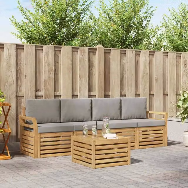 Set da giardino moderno vidaXL composto da 5 pezzi con divano a 3 posti, poltrone e tavolino da caffè in legno di acacia trattato, colore bianco e grigio con cuscini inclusi – 1
