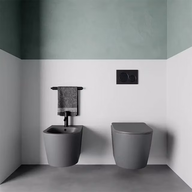 Sanitari sospesi in ceramica rimless grigio opaco: vaso, bidet e copriwc soft-close | Vienna