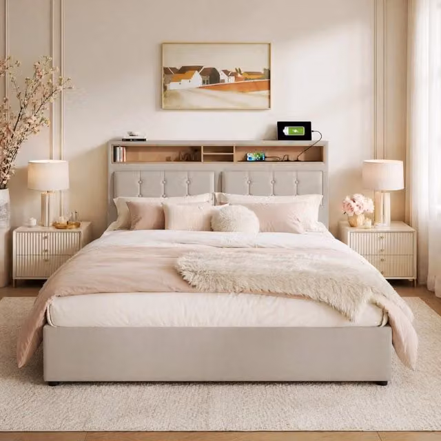 Letto matrimoniale imbottito 140x200 cm con testiera regolabile, prese USB e storage in lino beige chiaro