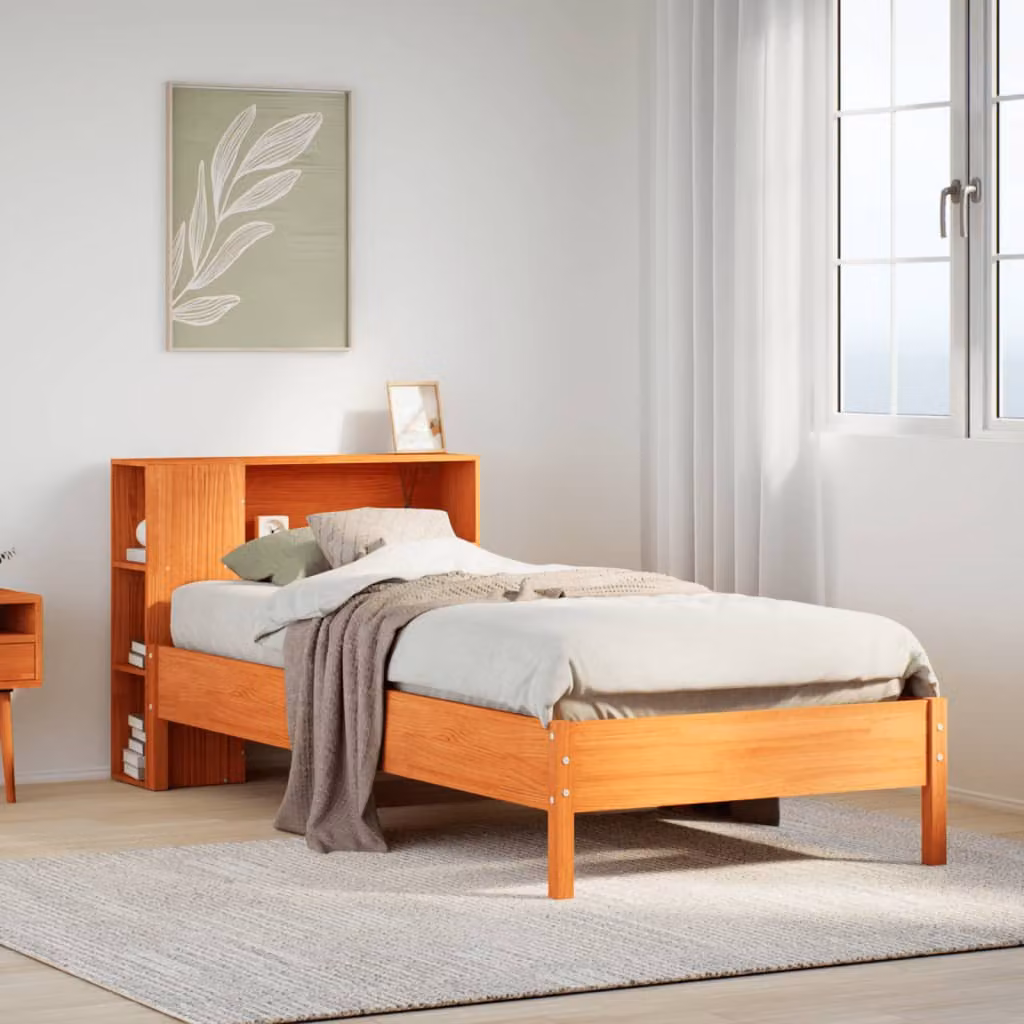 vidaXL Letto Libreria in Legno di Pino Massello Marrone Cera con Ripiani Laterali L/P/H: 229.5 x 106.0 x 82.0 cm
