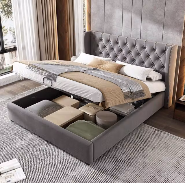 Letto matrimoniale ULEVR 140x200 cm con contenitore idraulico e rete a doghe, velluto grigio