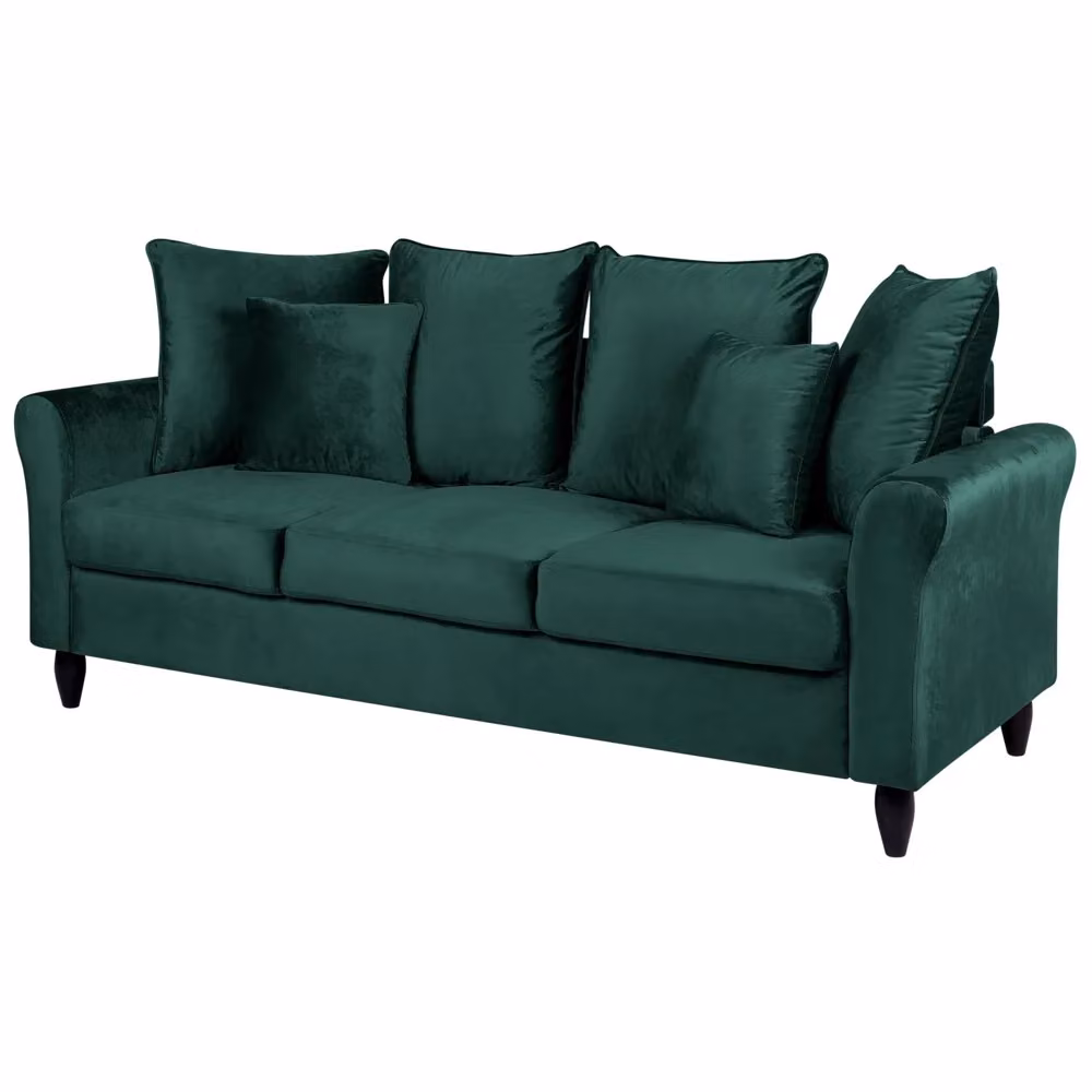 Divano Beliani a 3 posti in velluto verde con struttura in legno massello e cuscini decorativi, L: 197 cm, P: 76 cm, H: 79 cm – 2