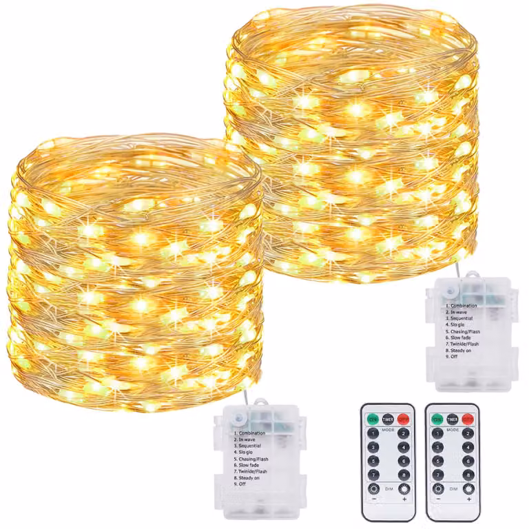 Catena luminosa a LED, 12 metri, 120 LED bianco caldo, alimentata a batteria, impermeabile