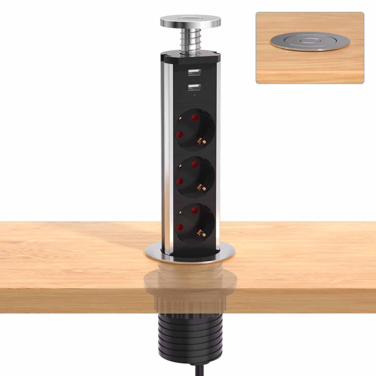 Placca multipresa da incasso, serie Meisax, colore argento, con 3 prese e 2 porte USB-A