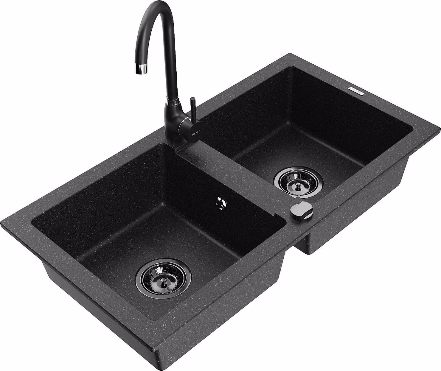 Mexen Mario lavello da cucina in granito a 2 vasche con miscelatore Telma, nero/argento - 6504-73-670200-70-B