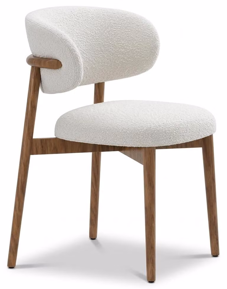 Poltrona imbottita moderna, bianca, in tessuto e legno, ideale per la sala da pranzo o il soggiorno, dal design lussuoso